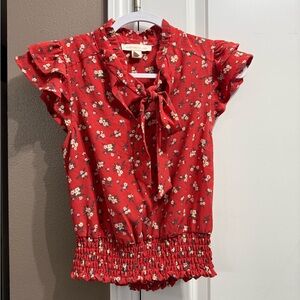 Monteau Los Angeles- Red Floral Tie-Neck Ruffled Sleeve Blouse - Small